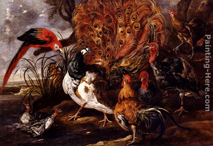 A Peacock In A Landscape With Roosters, Turkeys, Ducks, A Heron And A Parrot painting - Jan Fyt A Peacock In A Landscape With Roosters, Turkeys, Ducks, A Heron And A Parrot art painting